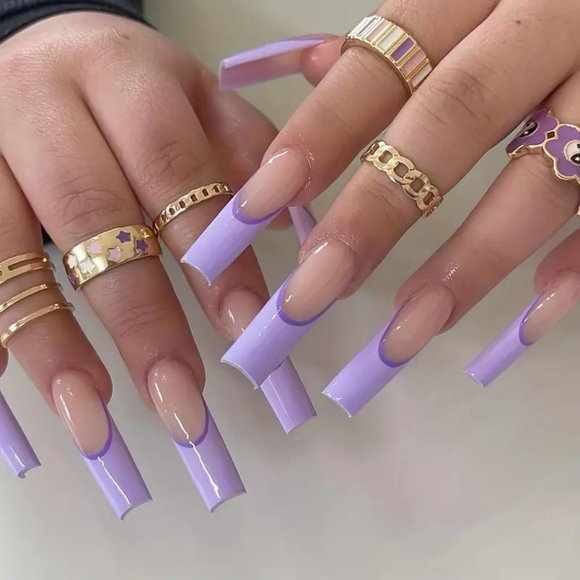 24pcs Purple French Fake Nails, Long Coffin Press On Nails, Glossy Full Cover - Picture 1 of 5